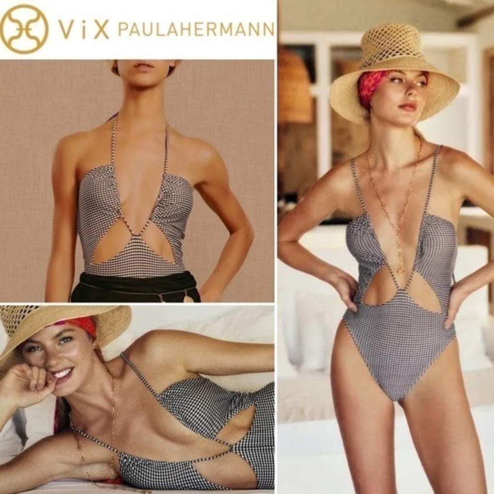 Vix Paula Hermanny Lupita Eve Gingham Vichy Cut Out One piece Swimsuit M $248